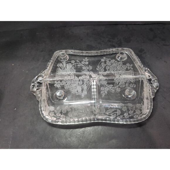 Fostoria Etched Glass Divided Relish‎ Dish, Basket Floral Design, 3-Part Serving - Picture 3 of 10
